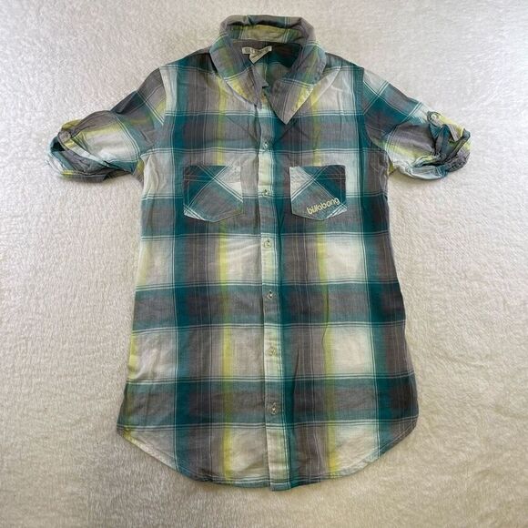 Small Tartan Blouse Blue-Green White and Yellow Billabong Blouse - Picture 1 of 13